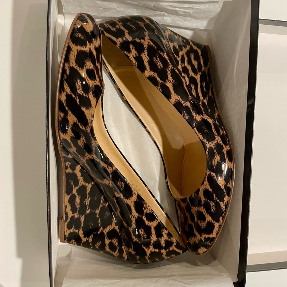 Leopard print Martina patent leather wedge shoes from J Crew, worn only once.